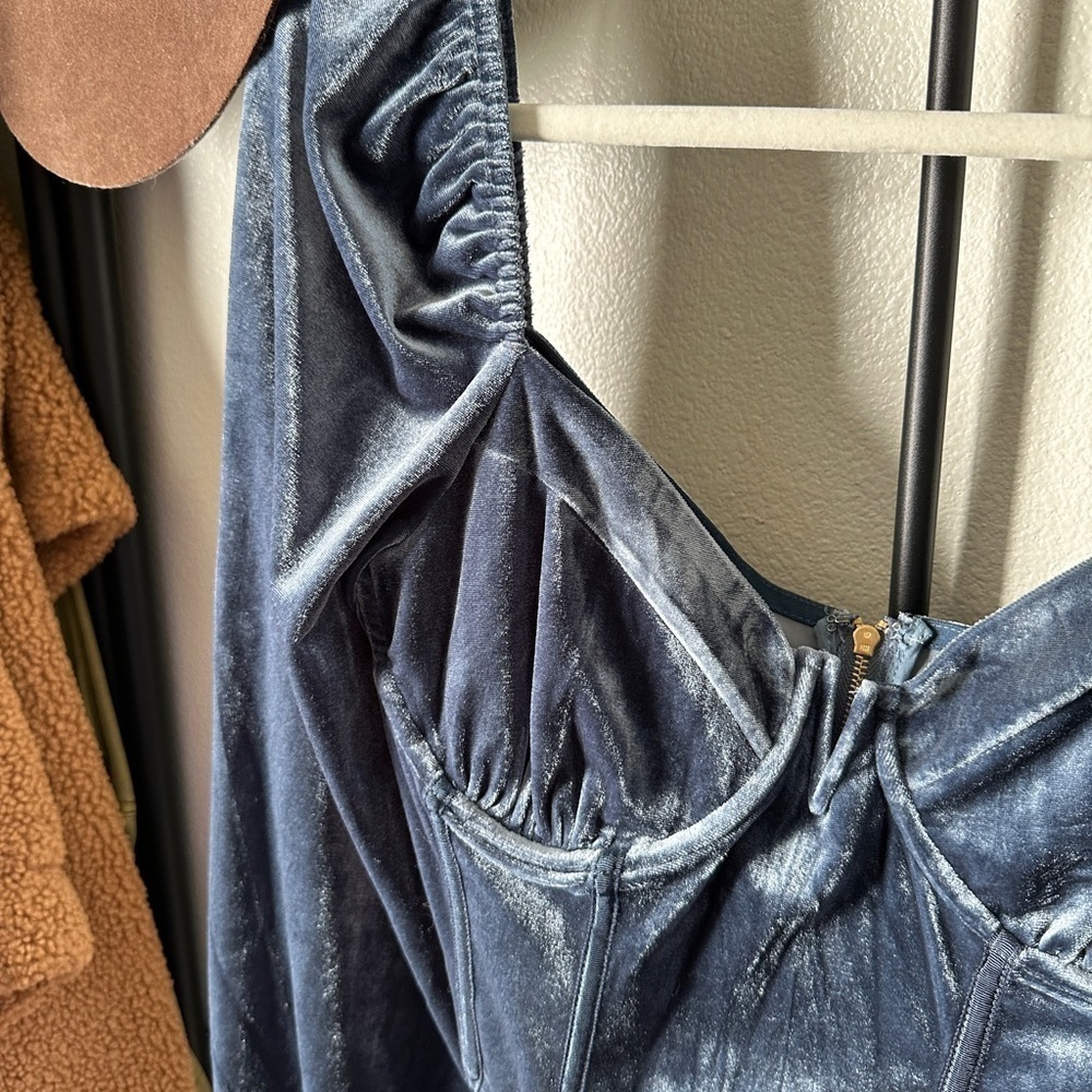 Lush powder blue crushed velvet corset bustier puff sleeve romantic blouse shirt - Picture 3 of 6